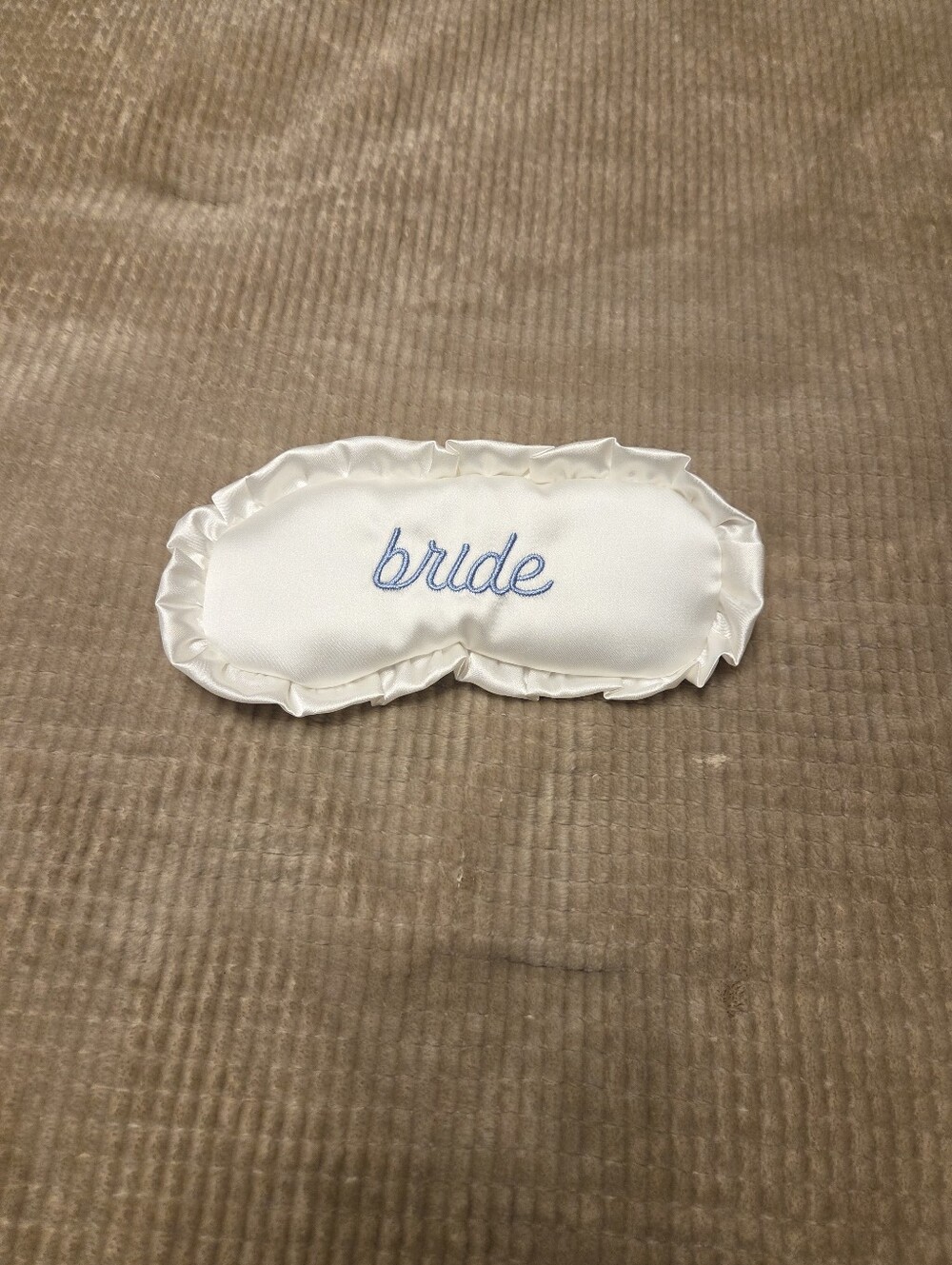Bride Satin Eye Mask in White with Blue Embroidery